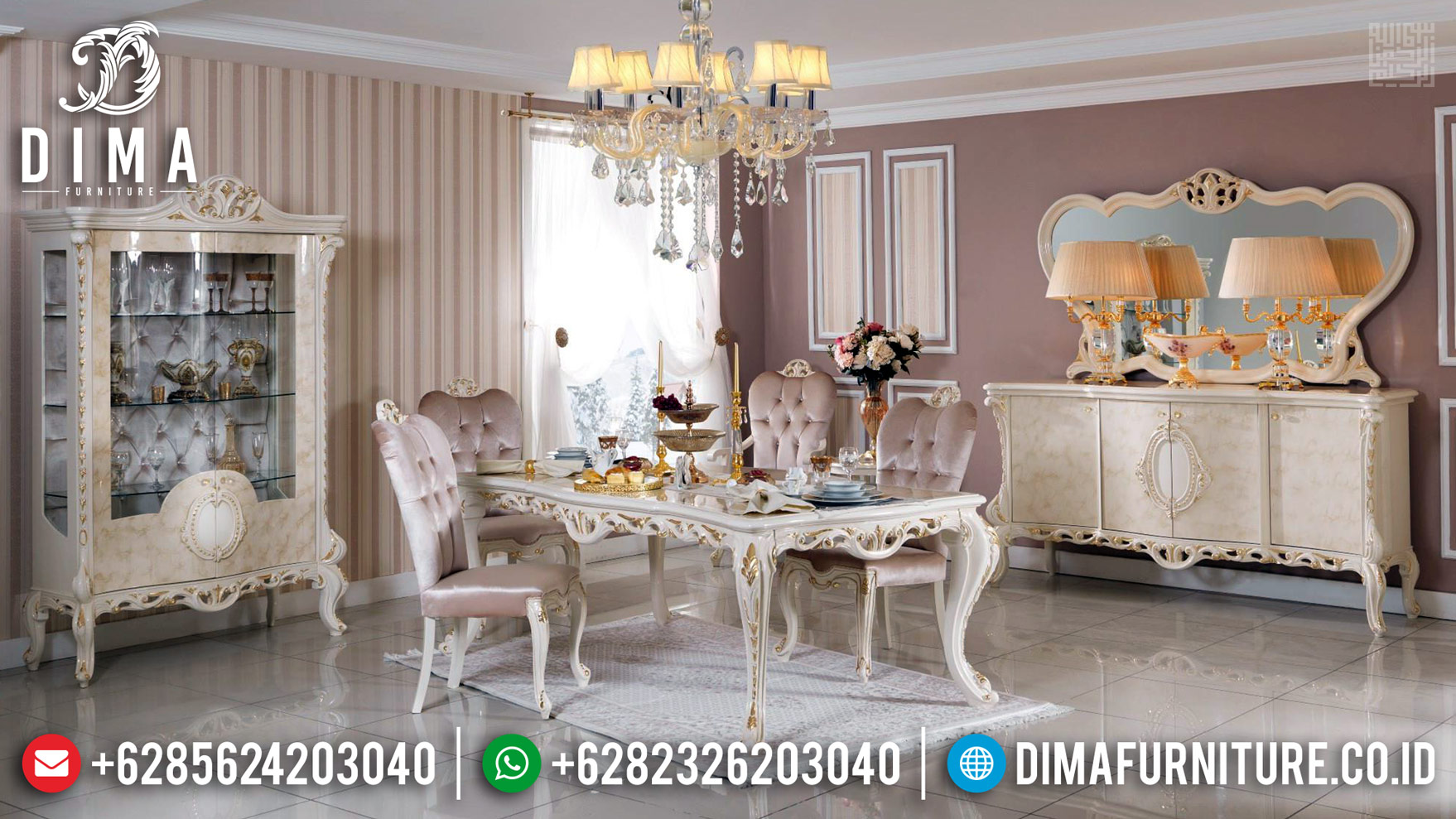 New Set Meja Makan Mewah 6 Kursi Ukiran Gold Leaf Luxury Classic Furniture MM-0740