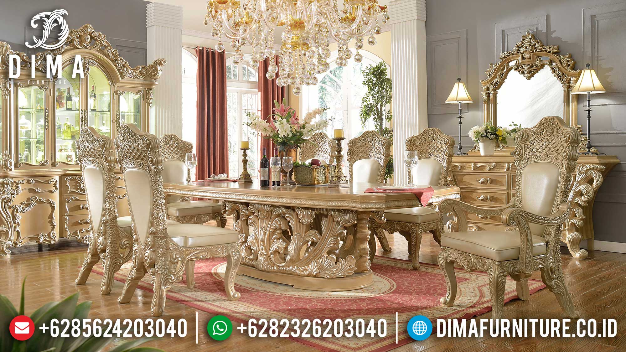 Meja Makan Mewah Rossalia Luxury Classic New Design Ukiran Jepara Asli MM-0763