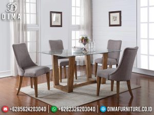 Meja Makan Minimalis Top Kaca Simple Natural Color New Furniture Jepara MM-1068