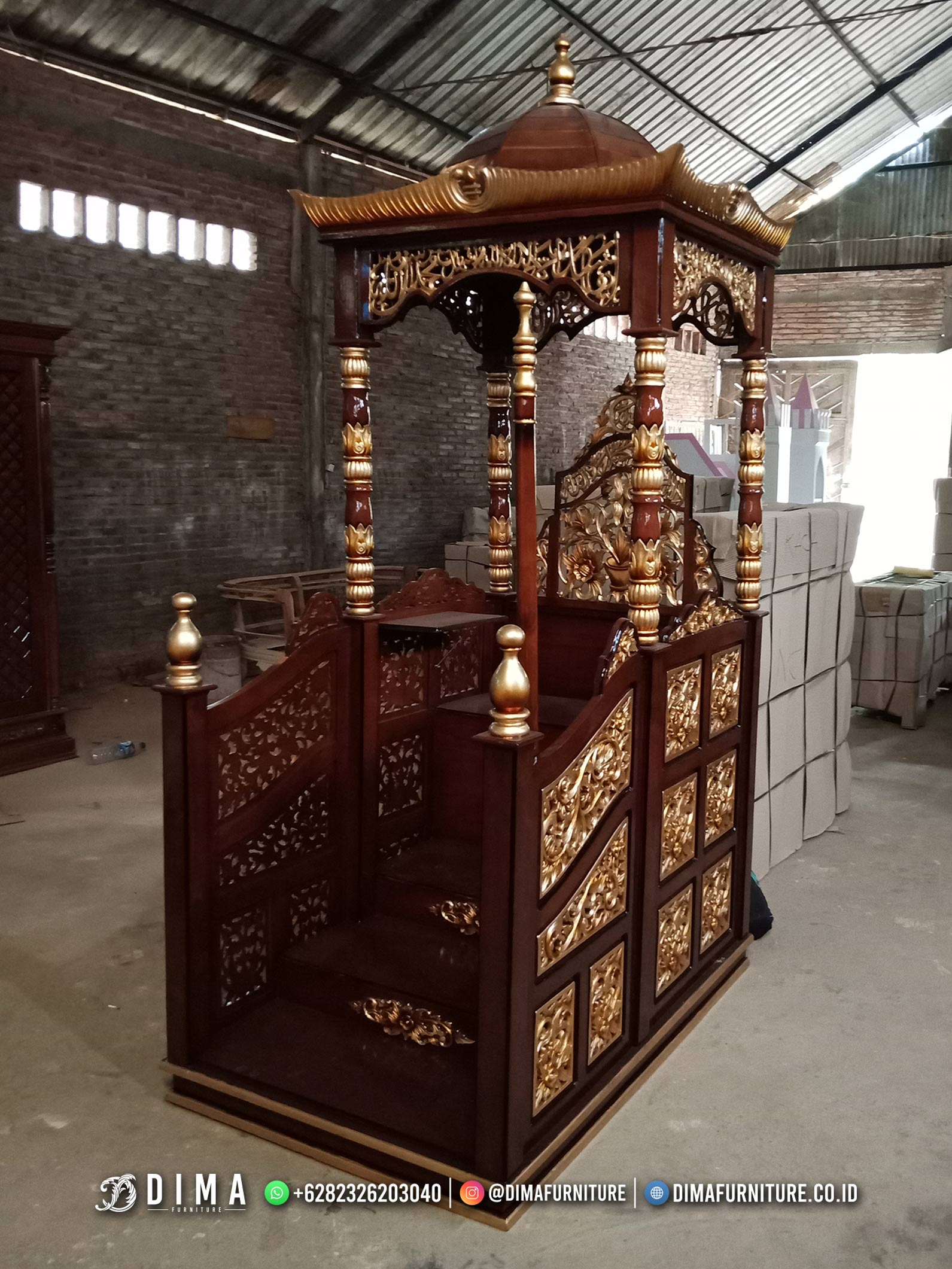 New Mimbar Masjid Jati Kubah Ukiran Great Carving Furniture Mm-1499